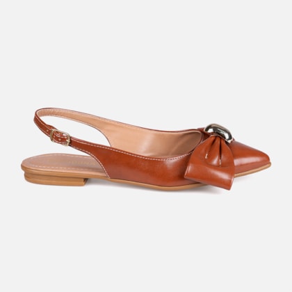 Sapatilha Feminina Caramelo Slingback Bico Fino Laço ABS Metalizado