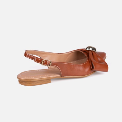 Sapatilha Feminina Caramelo Slingback Bico Fino Laço ABS Metalizado