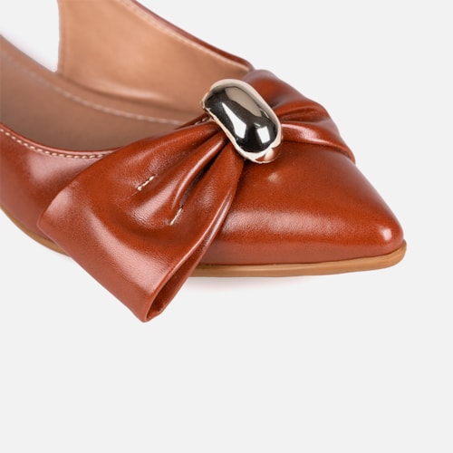 Sapatilha Feminina Caramelo Slingback Bico Fino Laço ABS Metalizado