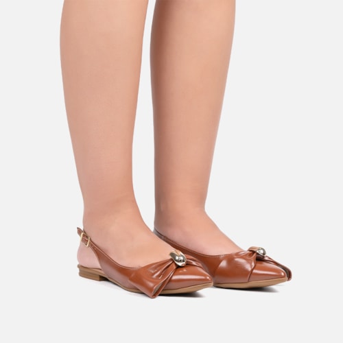 Sapatilha Feminina Caramelo Slingback Bico Fino Laço ABS Metalizado