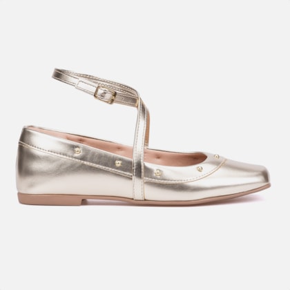 Sapatilha Feminina Dourado Tiras Cruzadas E Tachas Metálicas