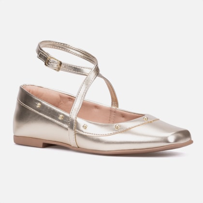 Segunda imagem do produto Sapatilha Feminina Dourado Tiras Cruzadas E Tachas Metálicas