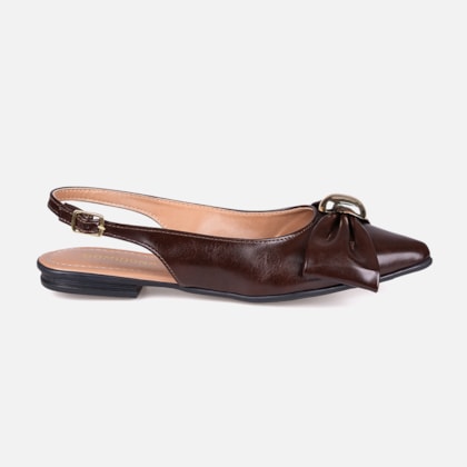 Sapatilha Feminina Marrom Slingback Bico Fino Laço ABS Metalizado