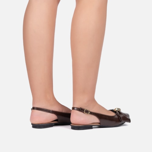 Sapatilha Feminina Marrom Slingback Bico Fino Laço ABS Metalizado