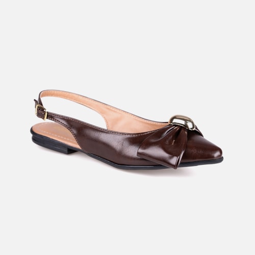 Sapatilha Feminina Marrom Slingback Bico Fino Laço ABS Metalizado