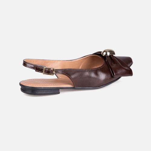 Sapatilha Feminina Marrom Slingback Bico Fino Laço ABS Metalizado