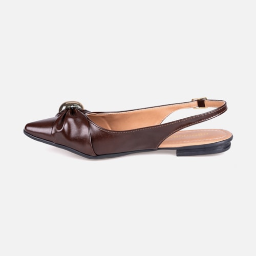 Sapatilha Feminina Marrom Slingback Bico Fino Laço ABS Metalizado