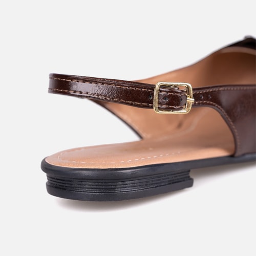 Sapatilha Feminina Marrom Slingback Bico Fino Laço ABS Metalizado