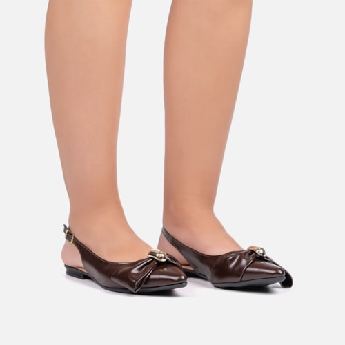 Sapatilha Feminina Marrom Slingback Bico Fino Laço ABS Metalizado