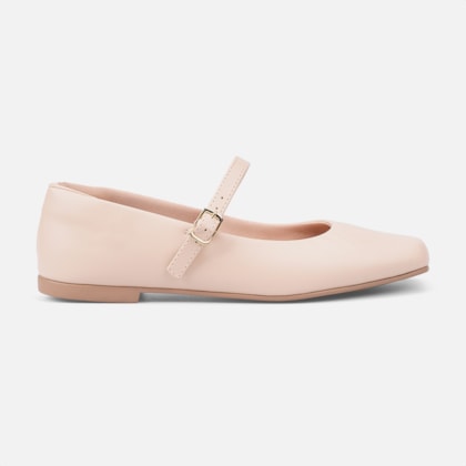 Sapatilha Feminina Nude Bico Quadrado Tira Com Fivela