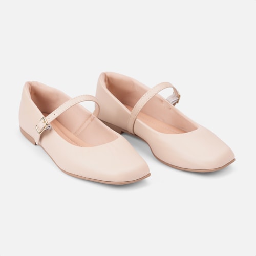 Sapatilha Feminina Nude Bico Quadrado Tira Com Fivela
