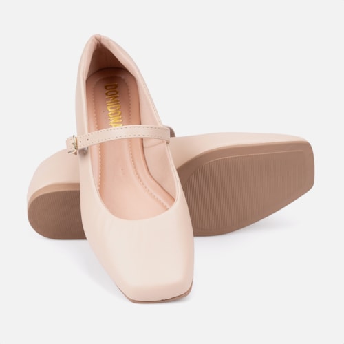 Sapatilha Feminina Nude Bico Quadrado Tira Com Fivela