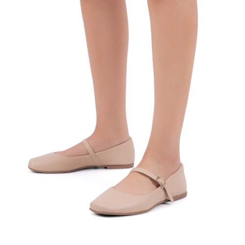 Sapatilha Feminina Nude Bico Quadrado Tira Com Fivela