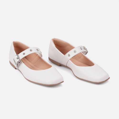 Sapatilha Feminina Off White Tira Ajustável E Fivela Cromada