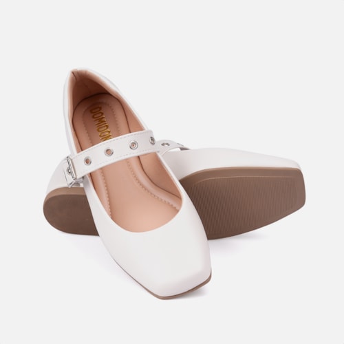 Sapatilha Feminina Off White Tira Ajustável E Fivela Cromada