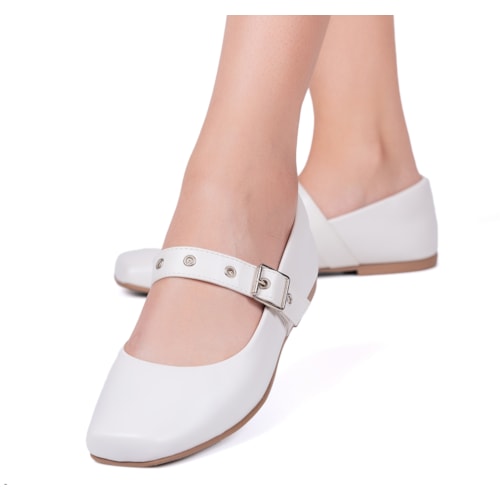 Sapatilha Feminina Off White Tira Ajustável E Fivela Cromada