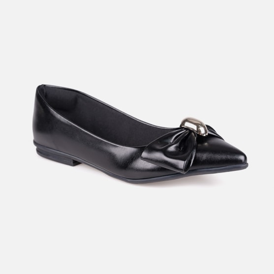 Segunda imagem do produto Sapatilha Feminina Preta Bico Fino Laço Com Aplique Oval Metalizado