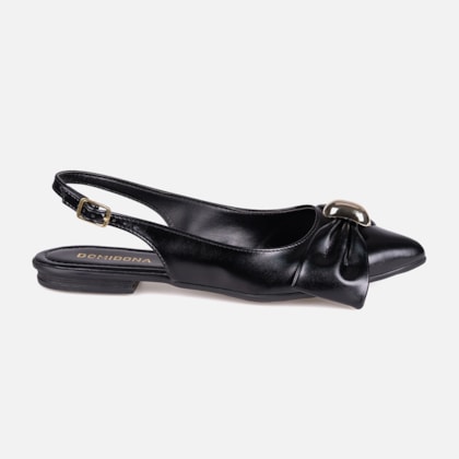 Sapatilha Feminina Preta Slingback Bico Fino Laço ABS Metalizado