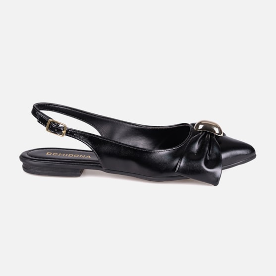 Sapatilha Feminina Preta Slingback Bico Fino Laço ABS Metalizado