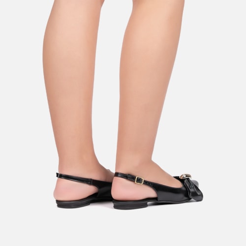 Sapatilha Feminina Preta Slingback Bico Fino Laço ABS Metalizado