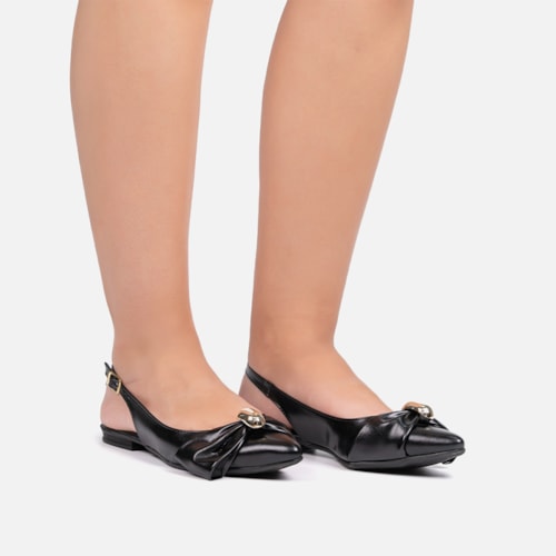 Sapatilha Feminina Preta Slingback Bico Fino Laço ABS Metalizado