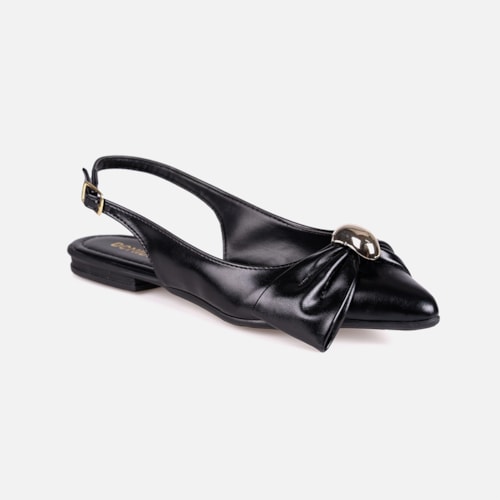 Sapatilha Feminina Preta Slingback Bico Fino Laço ABS Metalizado
