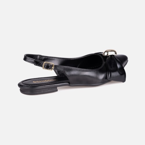 Sapatilha Feminina Preta Slingback Bico Fino Laço ABS Metalizado