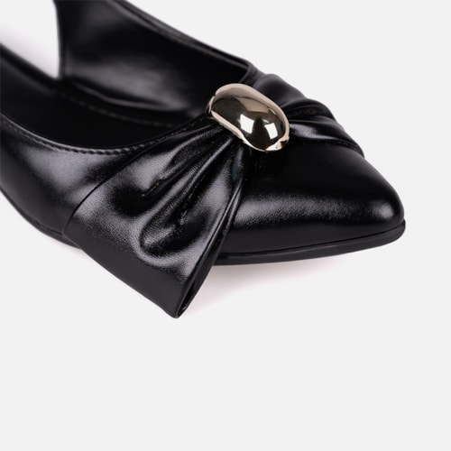 Sapatilha Feminina Preta Slingback Bico Fino Laço ABS Metalizado