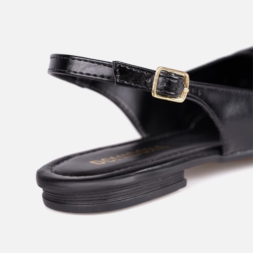 Sapatilha Feminina Preta Slingback Bico Fino Laço ABS Metalizado