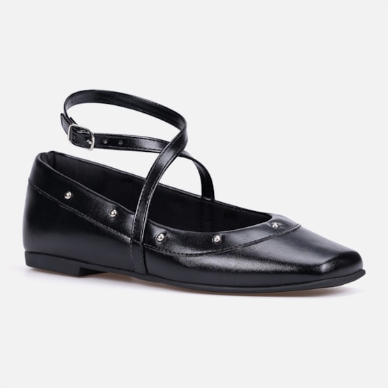 Segunda imagem do produto Sapatilha Feminina Preta Tiras Cruzadas E Tachas Metálicas