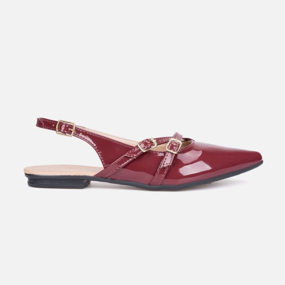 Sapatilha Feminina Slingback Bico Fino Verniz Tiras E Fivela Marsala