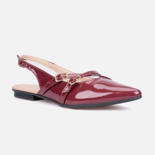 Sapatilha Feminina Slingback Bico Fino Verniz Tiras E Fivela Marsala