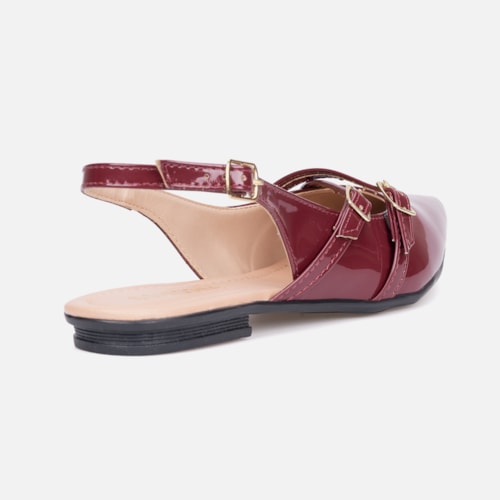 Sapatilha Feminina Slingback Bico Fino Verniz Tiras E Fivela Marsala