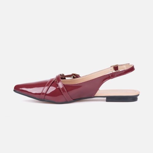 Sapatilha Feminina Slingback Bico Fino Verniz Tiras E Fivela Marsala