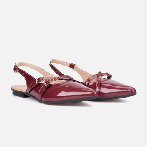 Sapatilha Feminina Slingback Bico Fino Verniz Tiras E Fivela Marsala