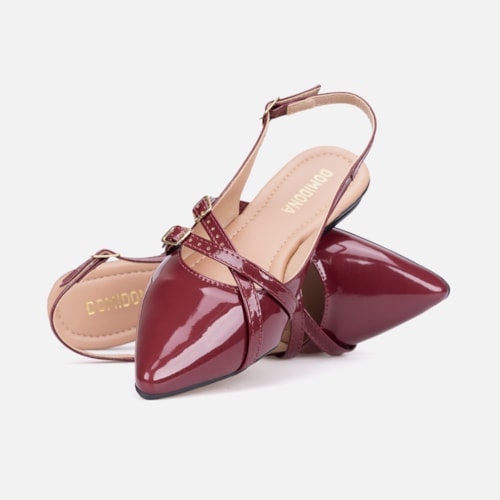 Sapatilha Feminina Slingback Bico Fino Verniz Tiras E Fivela Marsala
