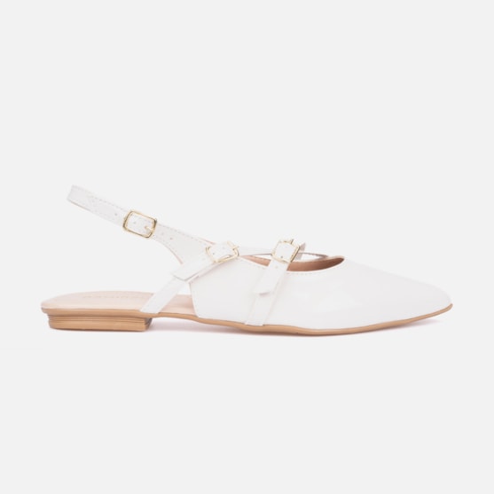 Sapatilha Feminina Slingback Bico Fino Verniz Tiras E Fivela Off White