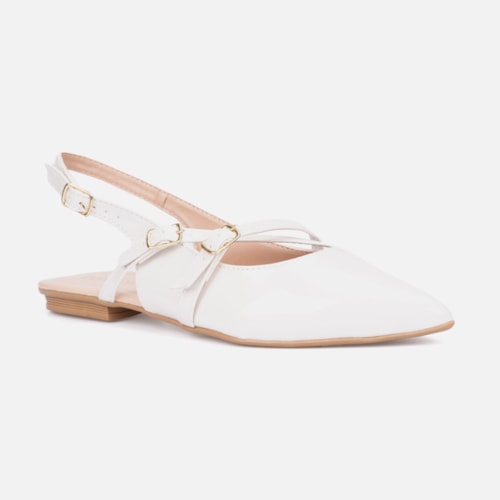 Sapatilha Feminina Slingback Bico Fino Verniz Tiras E Fivela Off White