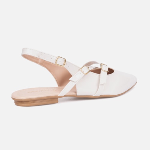 Sapatilha Feminina Slingback Bico Fino Verniz Tiras E Fivela Off White