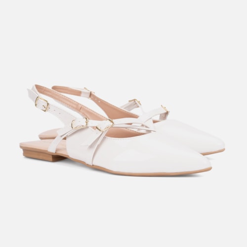 Sapatilha Feminina Slingback Bico Fino Verniz Tiras E Fivela Off White
