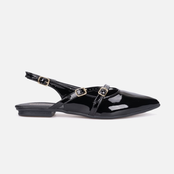Sapatilha Feminina Slingback Bico Fino Verniz Tiras E Fivela Preta