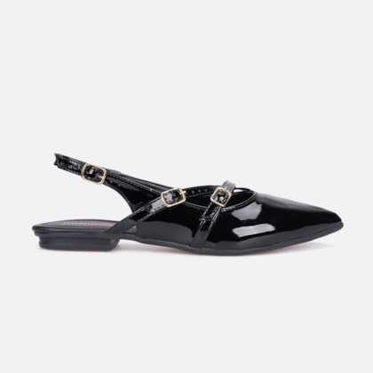 Sapatilha Feminina Slingback Bico Fino Verniz Tiras E Fivela Preta