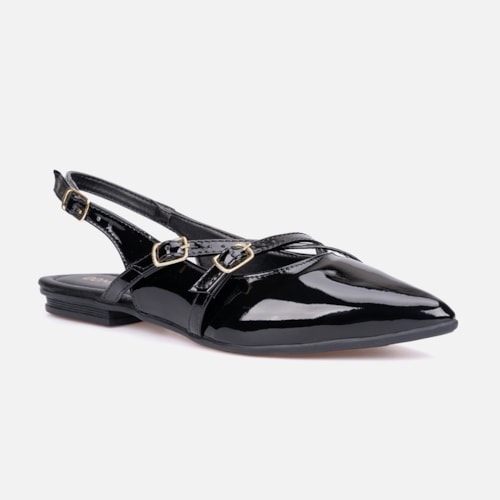 Sapatilha Feminina Slingback Bico Fino Verniz Tiras E Fivela Preta