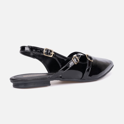 Sapatilha Feminina Slingback Bico Fino Verniz Tiras E Fivela Preta