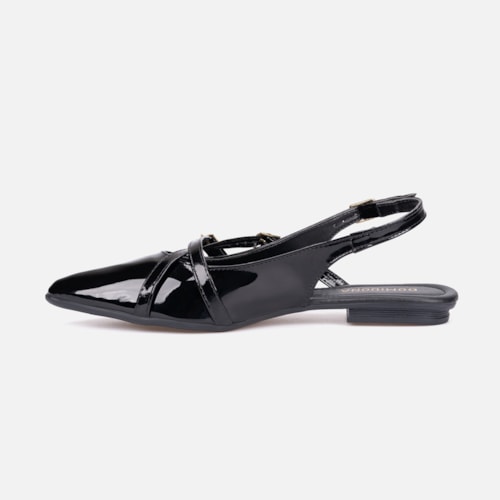 Sapatilha Feminina Slingback Bico Fino Verniz Tiras E Fivela Preta