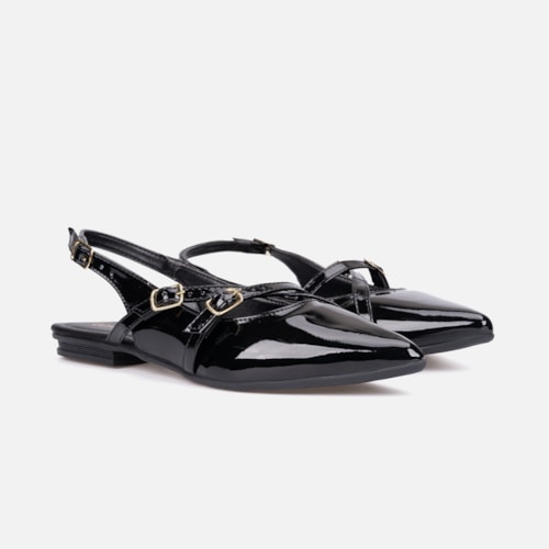 Sapatilha Feminina Slingback Bico Fino Verniz Tiras E Fivela Preta