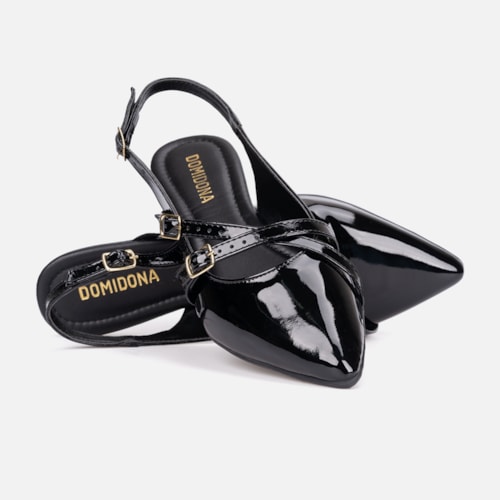 Sapatilha Feminina Slingback Bico Fino Verniz Tiras E Fivela Preta