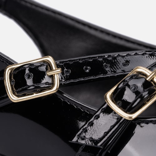Sapatilha Feminina Slingback Bico Fino Verniz Tiras E Fivela Preta
