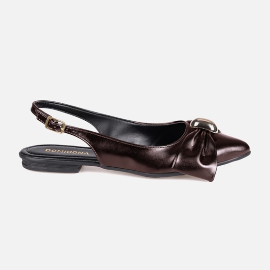 Sapatilha Feminina Slingback Marrom Laço Com Aplique Dourado Metalizado