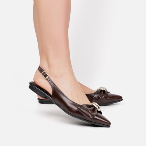Sapatilha Feminina Slingback Marrom Laço Com Aplique Dourado Metalizado